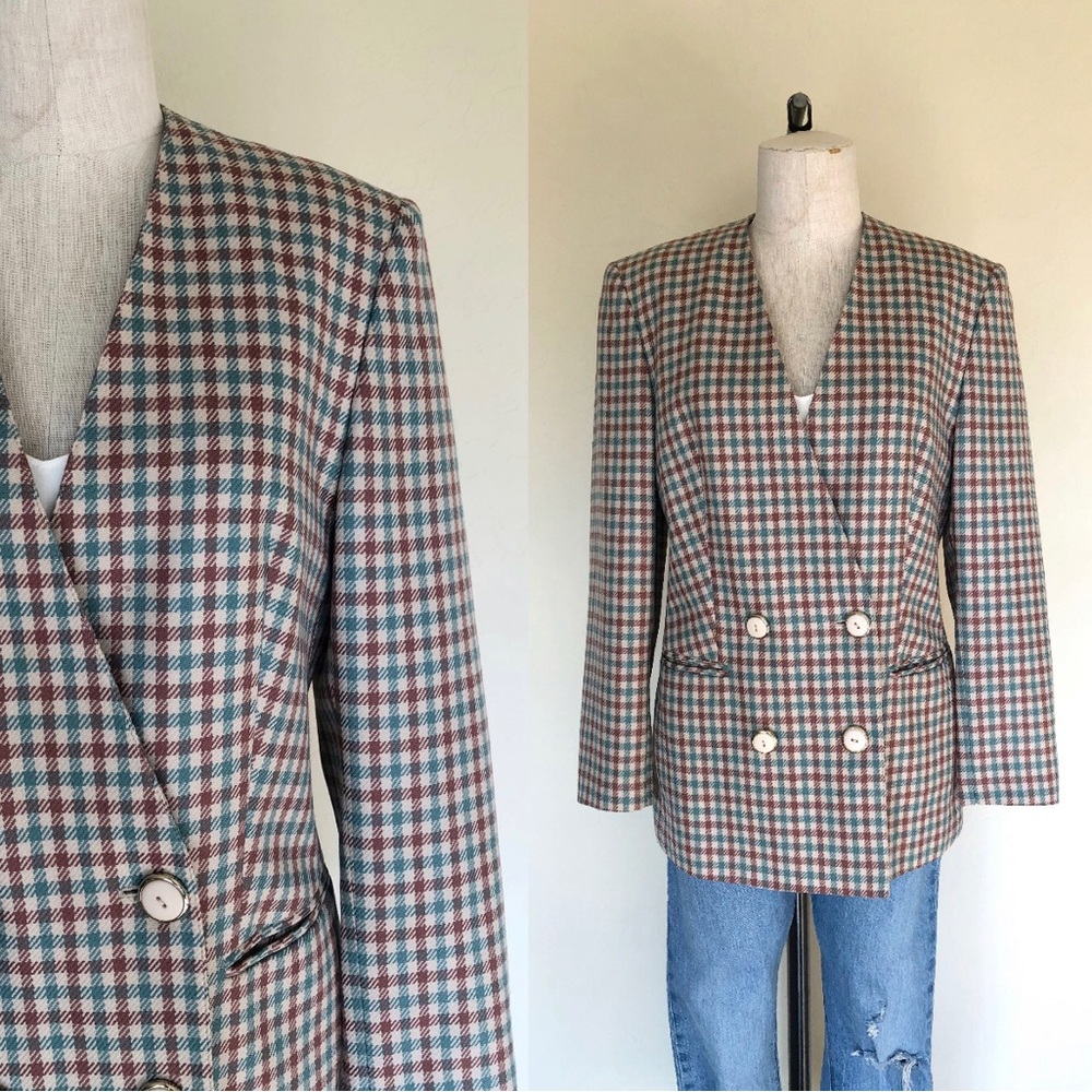 Vintage 1990s Wool Matson Blazer | Plaid Oversized Padded Jacket Double Breasted
